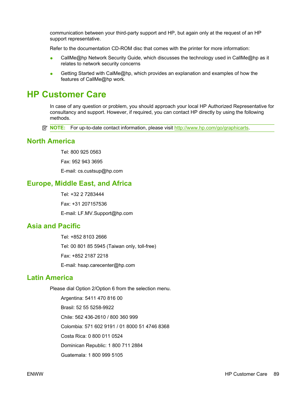 Hp customer care, North america, Europe, middle east, and africa | Asia and pacific, Latin america | HP Scitex FB700 Industrial Printer User Manual | Page 95 / 102