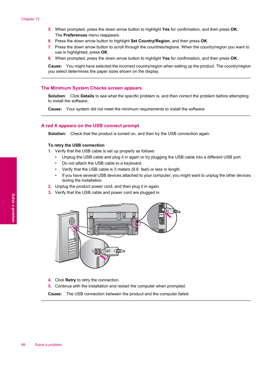 The minimum system checks screen appears, A red x appears on the usb connect prompt | HP Photosmart Premium Fax C309 User Manual | Page 100 / 244