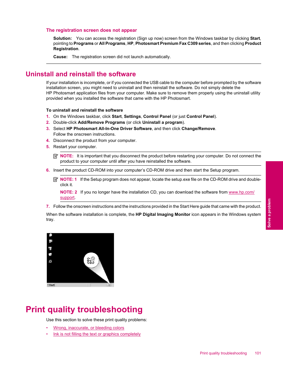 Uninstall and reinstall the software, Print quality troubleshooting, Re information, see | The registration screen does not appear | HP Photosmart Premium Fax C309 User Manual | Page 103 / 244