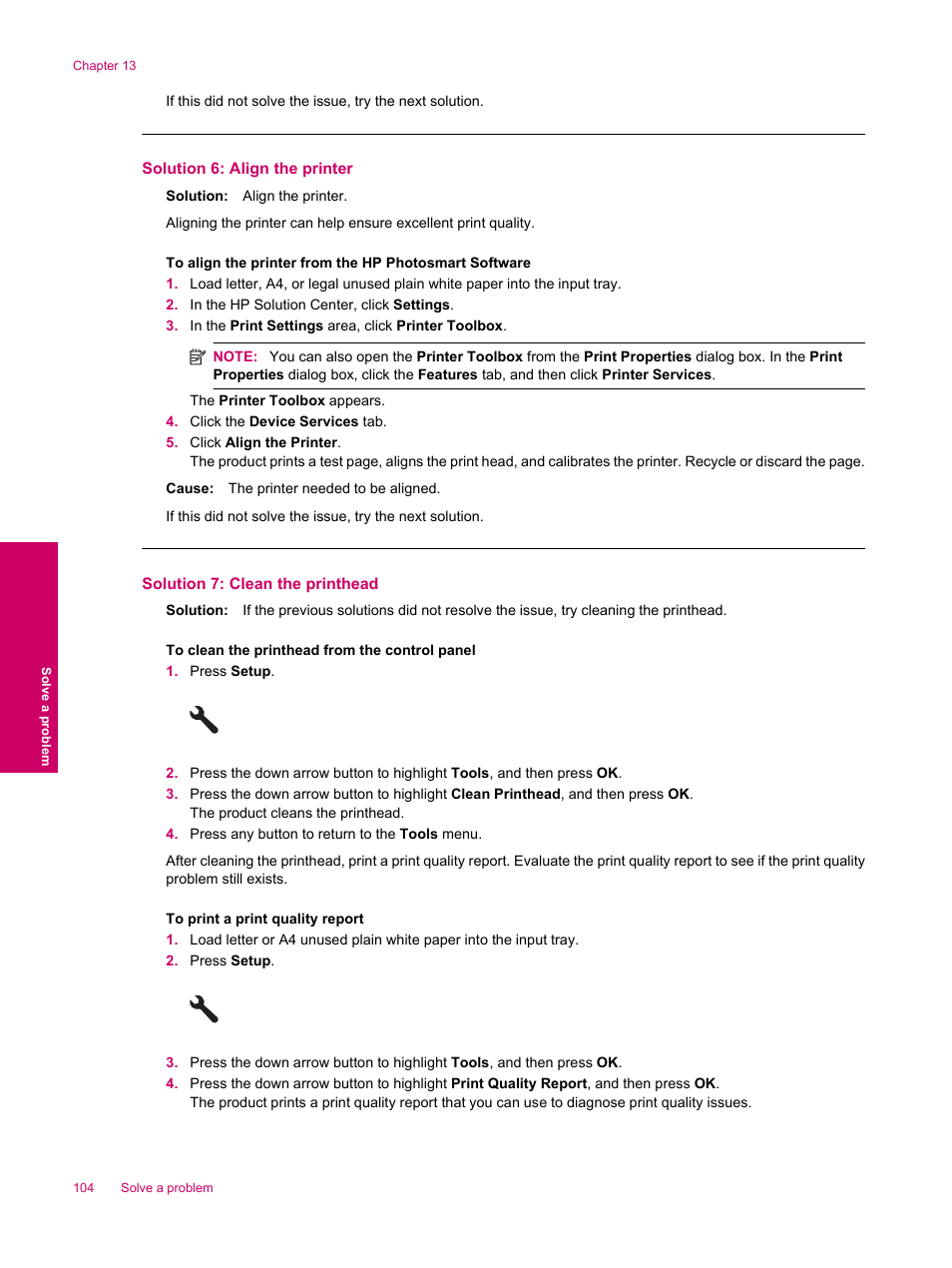 Solution 6: align the printer, Solution 7: clean the printhead | HP Photosmart Premium Fax C309 User Manual | Page 106 / 244