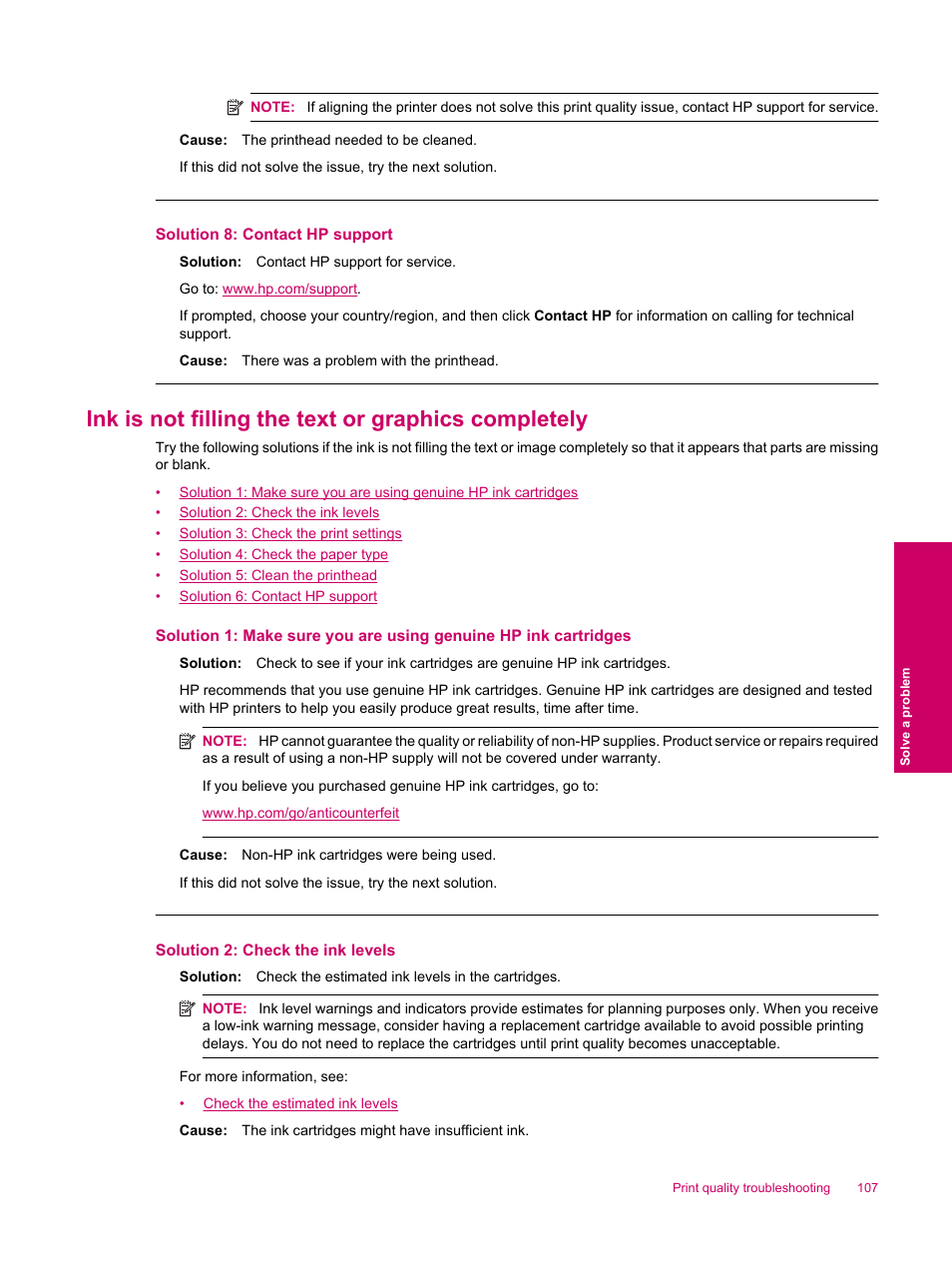 Ink is not filling the text or graphics completely, Solution 8: contact hp support | HP Photosmart Premium Fax C309 User Manual | Page 109 / 244