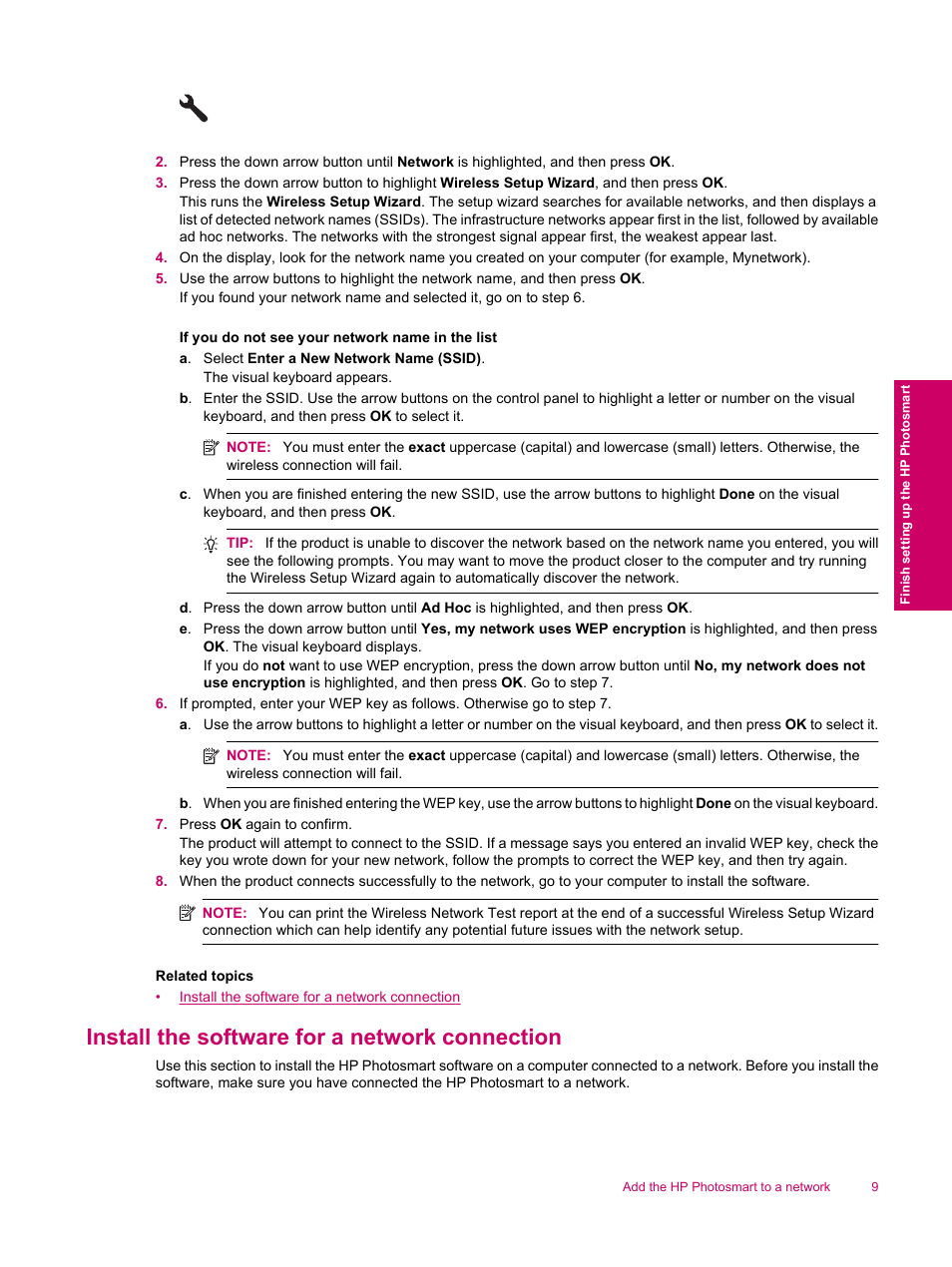 Install the software for a network connection | HP Photosmart Premium Fax C309 User Manual | Page 11 / 244