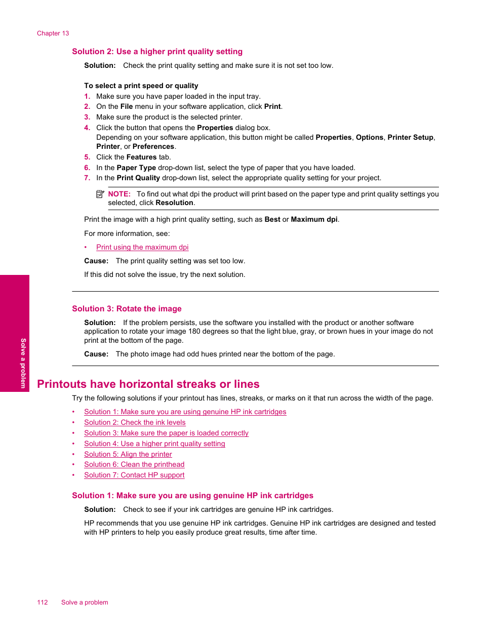 Printouts have horizontal streaks or lines, Solution 2: use a higher print quality setting, Solution 3: rotate the image | HP Photosmart Premium Fax C309 User Manual | Page 114 / 244