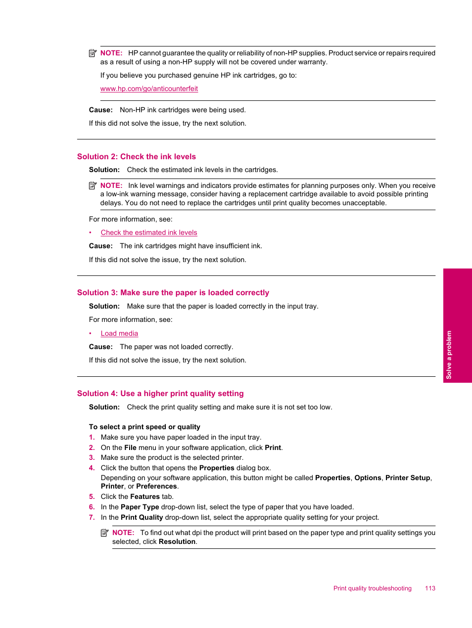 Solution 2: check the ink levels, Solution 4: use a higher print quality setting | HP Photosmart Premium Fax C309 User Manual | Page 115 / 244