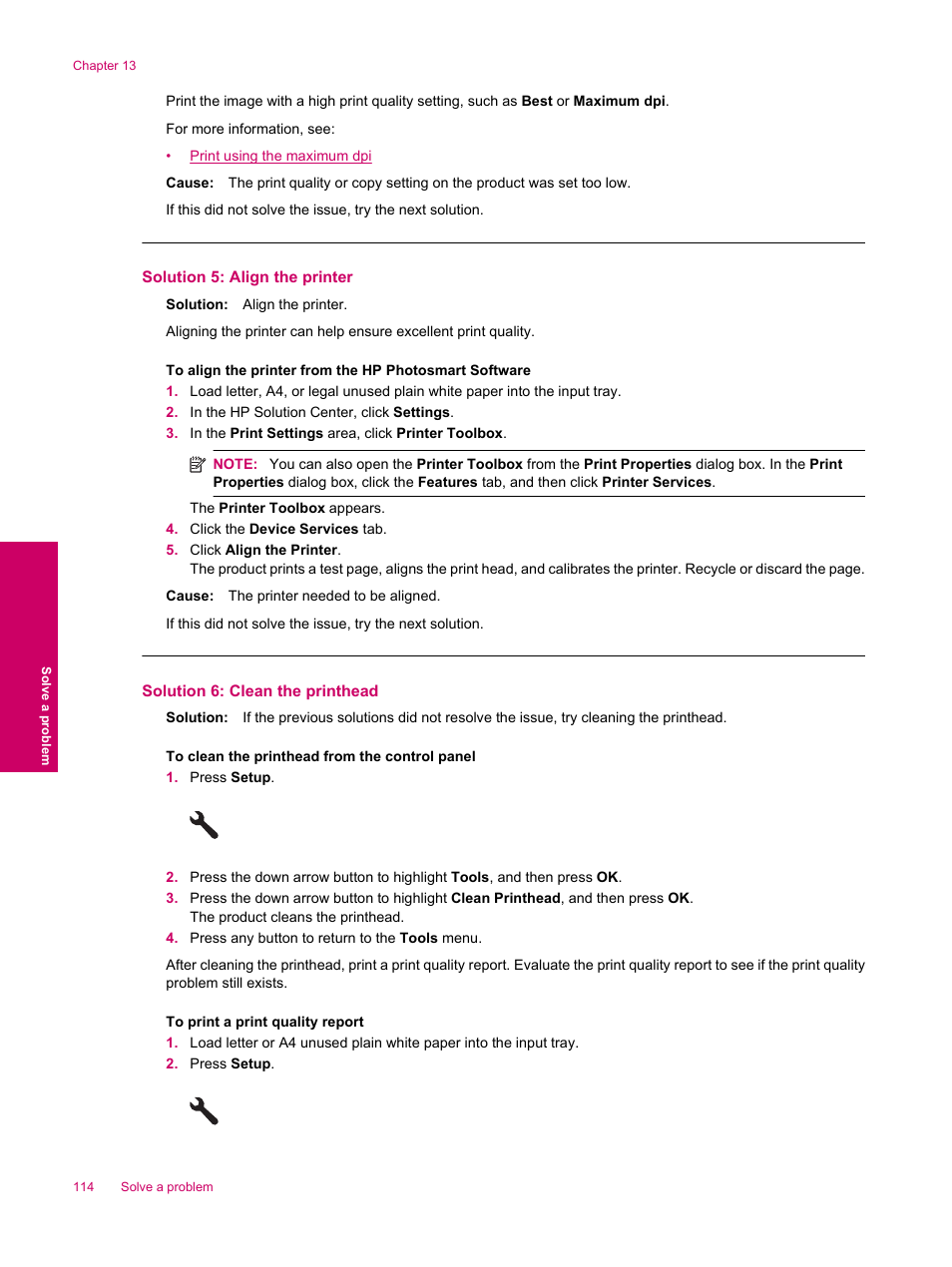 Solution 5: align the printer, Solution 6: clean the printhead | HP Photosmart Premium Fax C309 User Manual | Page 116 / 244