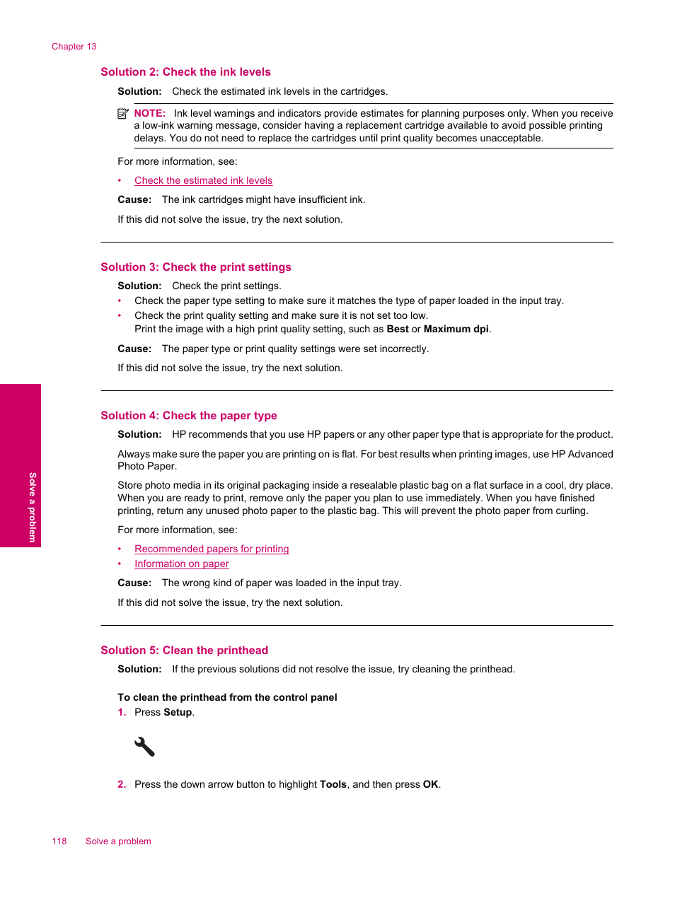 Solution 2: check the ink levels, Solution 3: check the print settings, Solution 4: check the paper type | Solution 5: clean the printhead | HP Photosmart Premium Fax C309 User Manual | Page 120 / 244