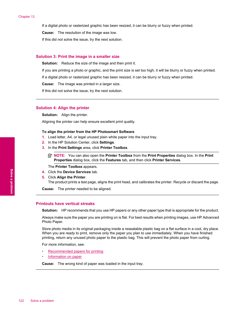 Printouts have vertical streaks, Solution 3: print the image in a smaller size, Solution 4: align the printer | HP Photosmart Premium Fax C309 User Manual | Page 124 / 244