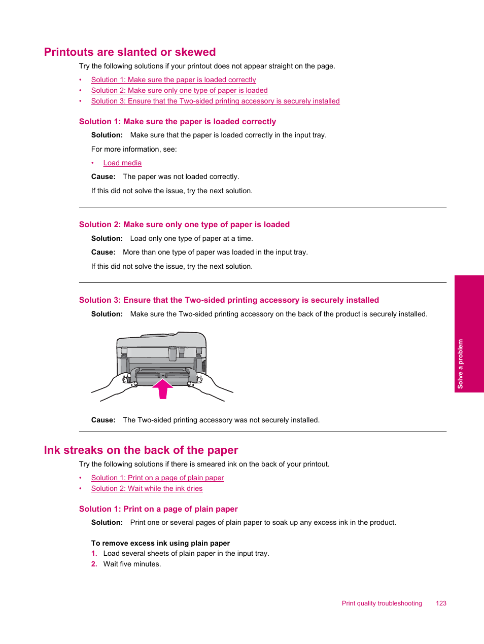 Printouts are slanted or skewed, Ink streaks on the back of the paper | HP Photosmart Premium Fax C309 User Manual | Page 125 / 244