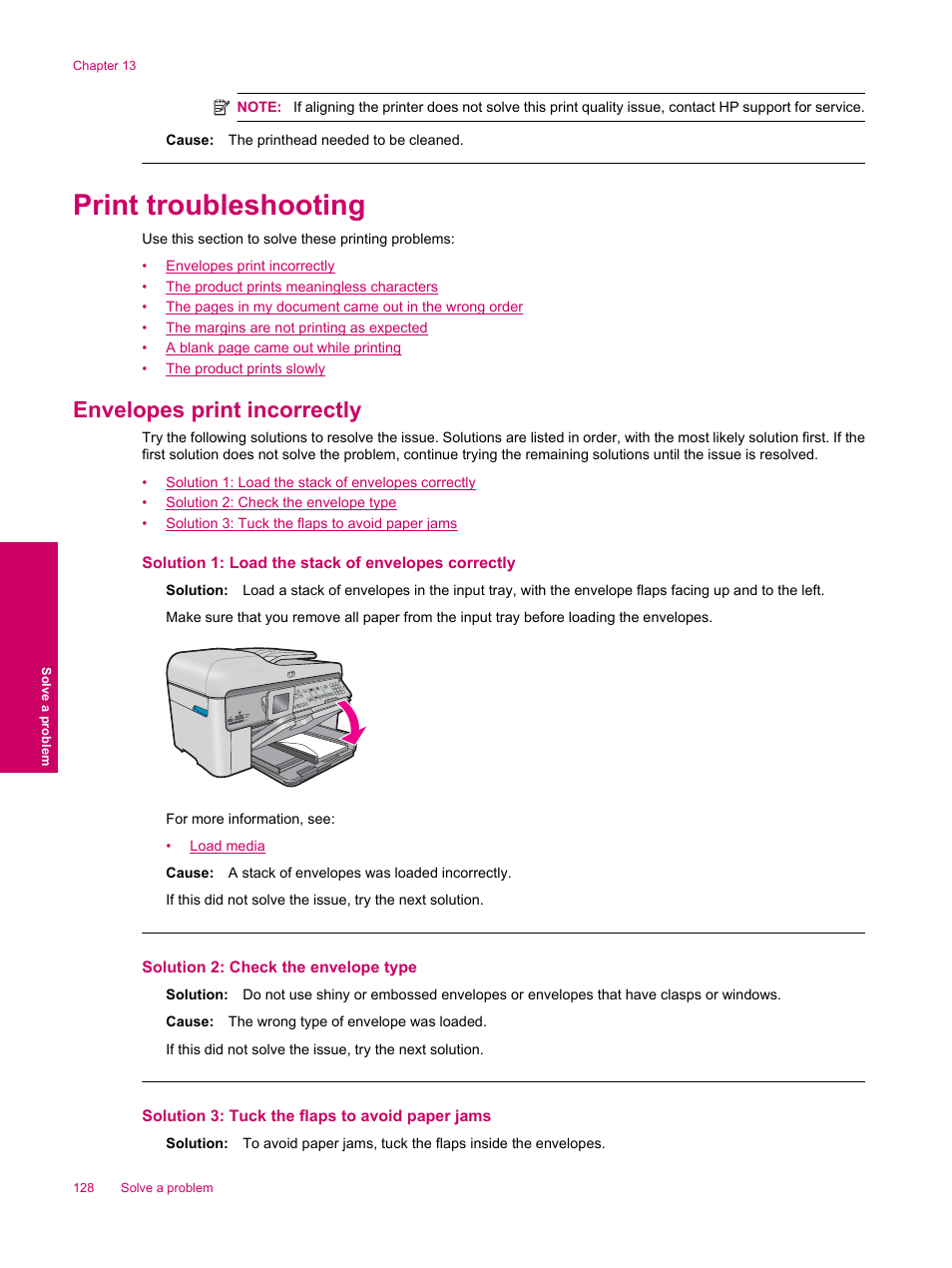 Print troubleshooting, Envelopes print incorrectly | HP Photosmart Premium Fax C309 User Manual | Page 130 / 244
