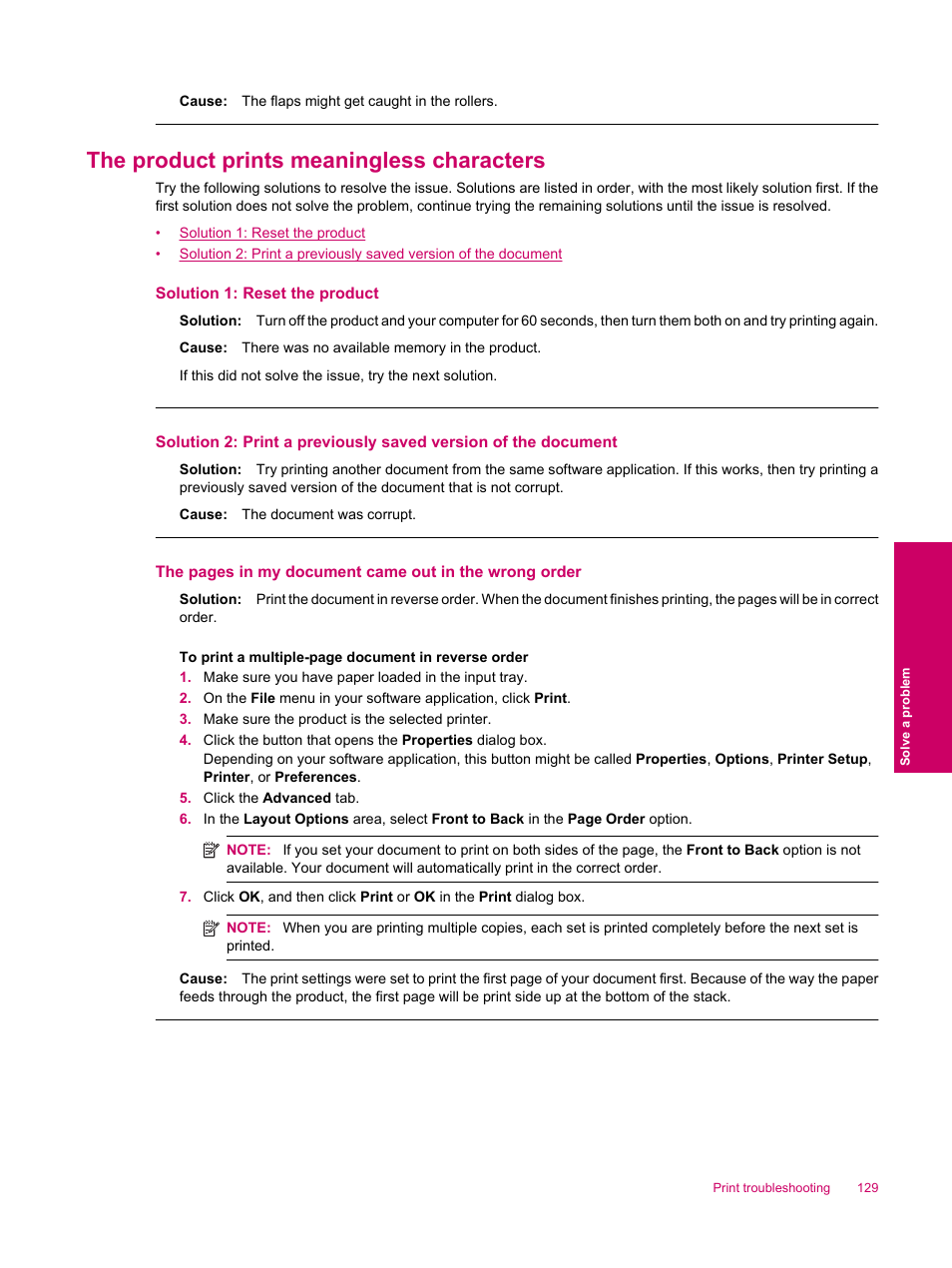 The product prints meaningless characters | HP Photosmart Premium Fax C309 User Manual | Page 131 / 244