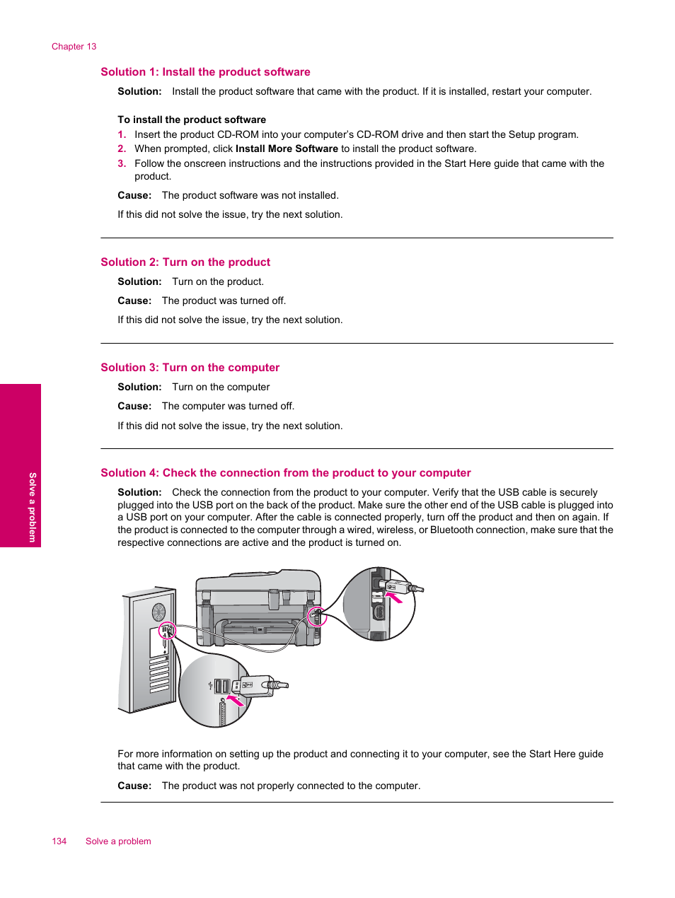 Solution 1: install the product software, Solution 2: turn on the product, Solution 3: turn on the computer | HP Photosmart Premium Fax C309 User Manual | Page 136 / 244