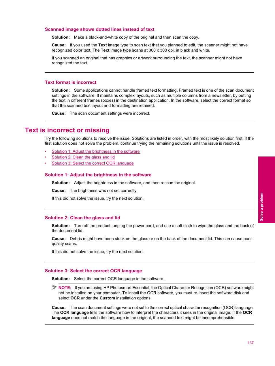 Text is incorrect or missing, Scanned image shows dotted lines instead of text, Text format is incorrect | HP Photosmart Premium Fax C309 User Manual | Page 139 / 244