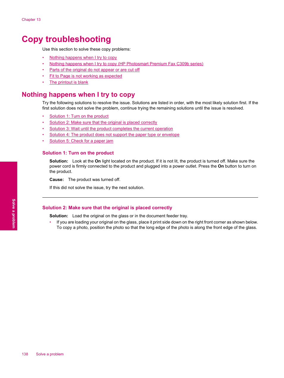 Copy troubleshooting, Nothing happens when i try to copy | HP Photosmart Premium Fax C309 User Manual | Page 140 / 244