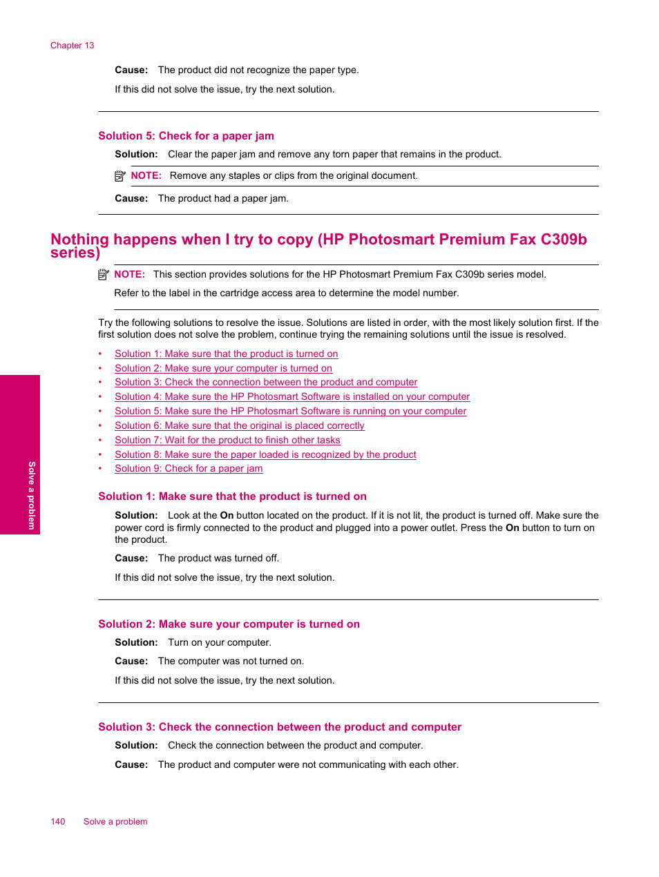 Solution 5: check for a paper jam | HP Photosmart Premium Fax C309 User Manual | Page 142 / 244