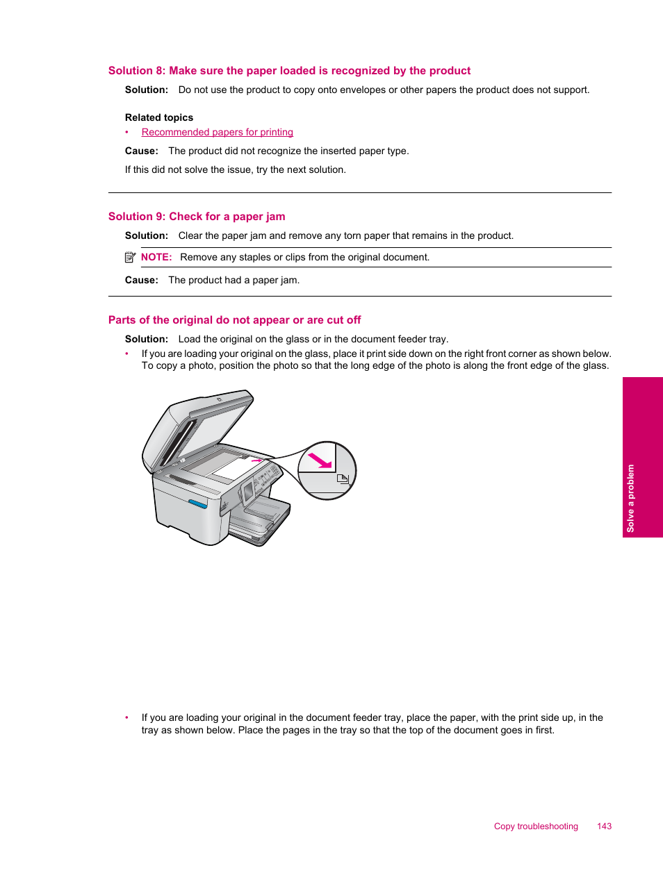 Parts of the original do not appear or are cut off, Solution 9: check for a paper jam | HP Photosmart Premium Fax C309 User Manual | Page 145 / 244
