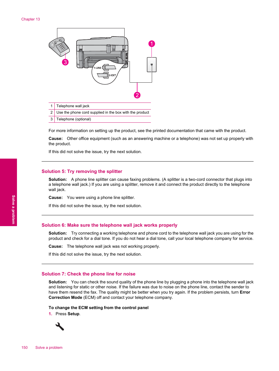 Solution 5: try removing the splitter, Solution 7: check the phone line for noise | HP Photosmart Premium Fax C309 User Manual | Page 152 / 244