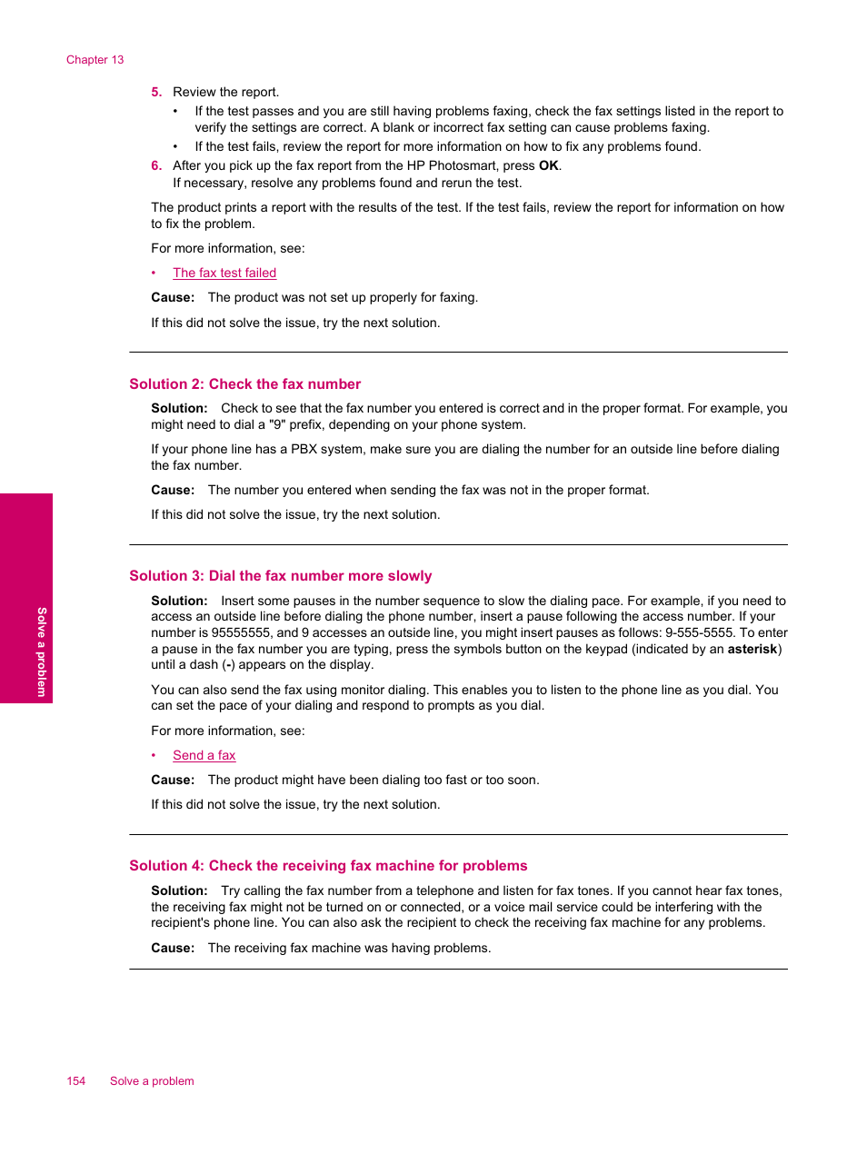 Solution 2: check the fax number, Solution 3: dial the fax number more slowly | HP Photosmart Premium Fax C309 User Manual | Page 156 / 244