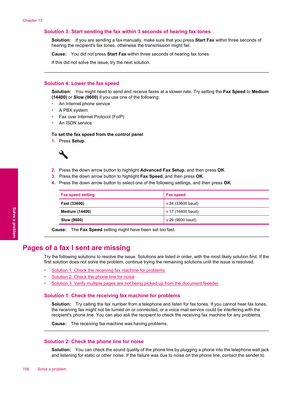 Solution 4: lower the fax speed, Pages of a fax i sent are missing | HP Photosmart Premium Fax C309 User Manual | Page 158 / 244