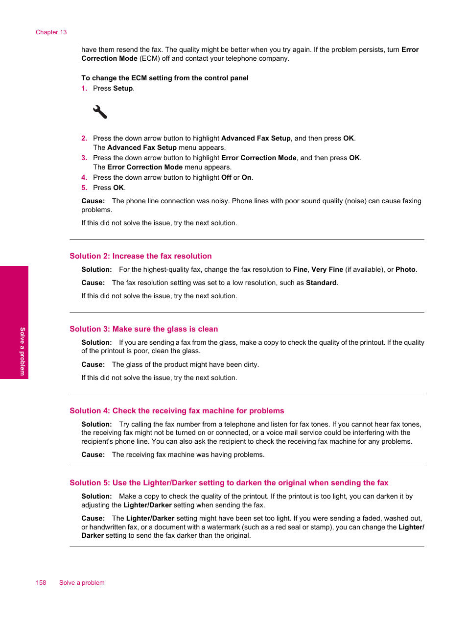 Solution 2: increase the fax resolution, Solution 3: make sure the glass is clean | HP Photosmart Premium Fax C309 User Manual | Page 160 / 244