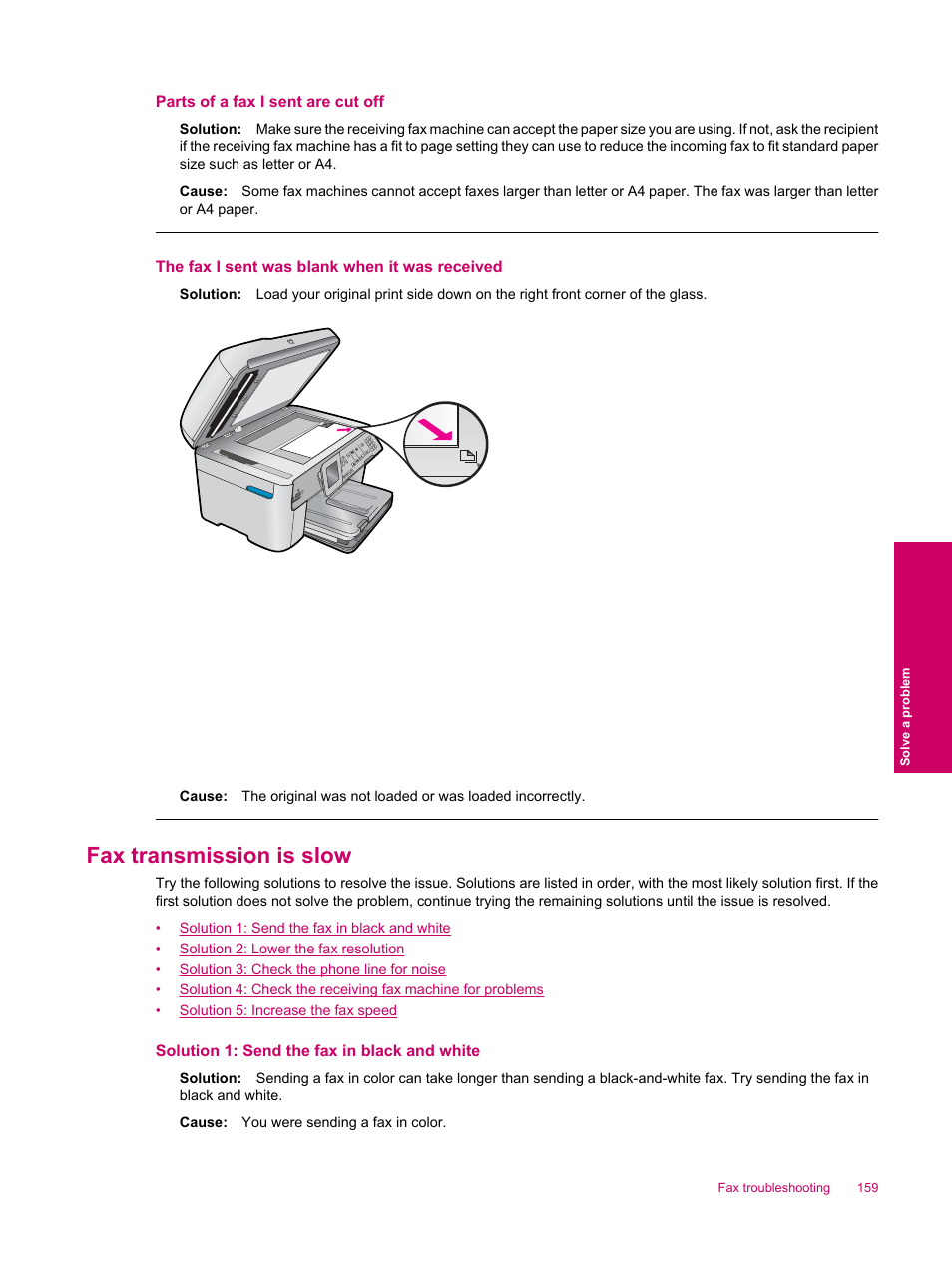 Fax transmission is slow, Parts of a fax i sent are cut off, The fax i sent was blank when it was received | HP Photosmart Premium Fax C309 User Manual | Page 161 / 244