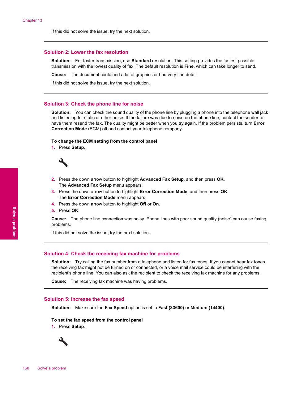 Solution 2: lower the fax resolution, Solution 3: check the phone line for noise, Solution 5: increase the fax speed | HP Photosmart Premium Fax C309 User Manual | Page 162 / 244