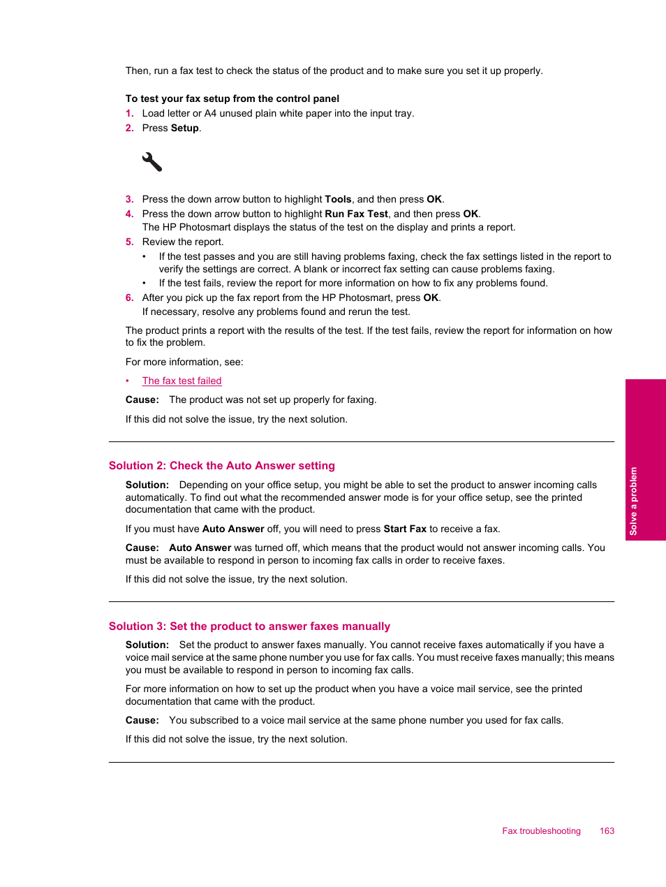 Solution 2: check the auto answer setting | HP Photosmart Premium Fax C309 User Manual | Page 165 / 244