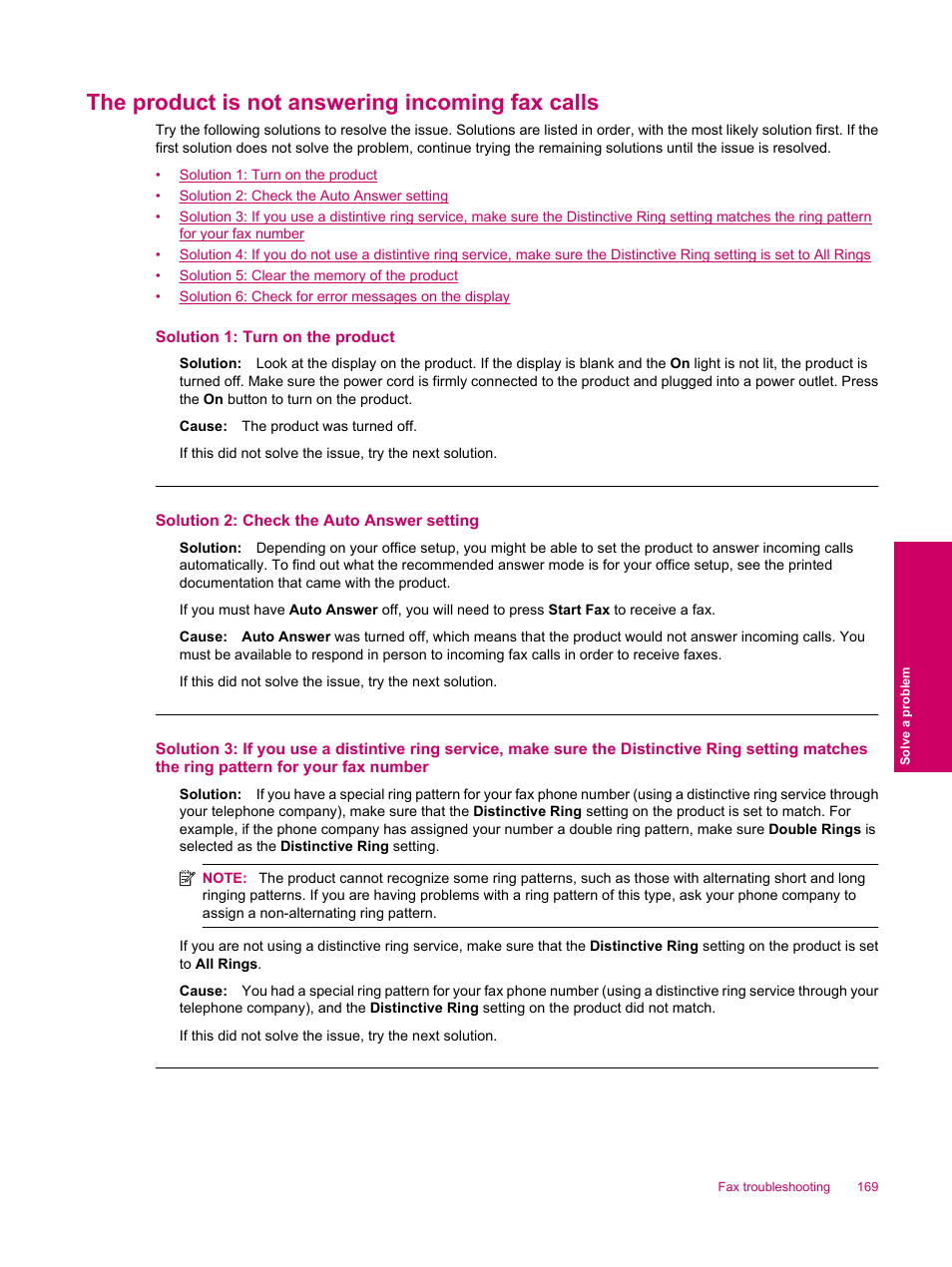 The product is not answering incoming fax calls | HP Photosmart Premium Fax C309 User Manual | Page 171 / 244