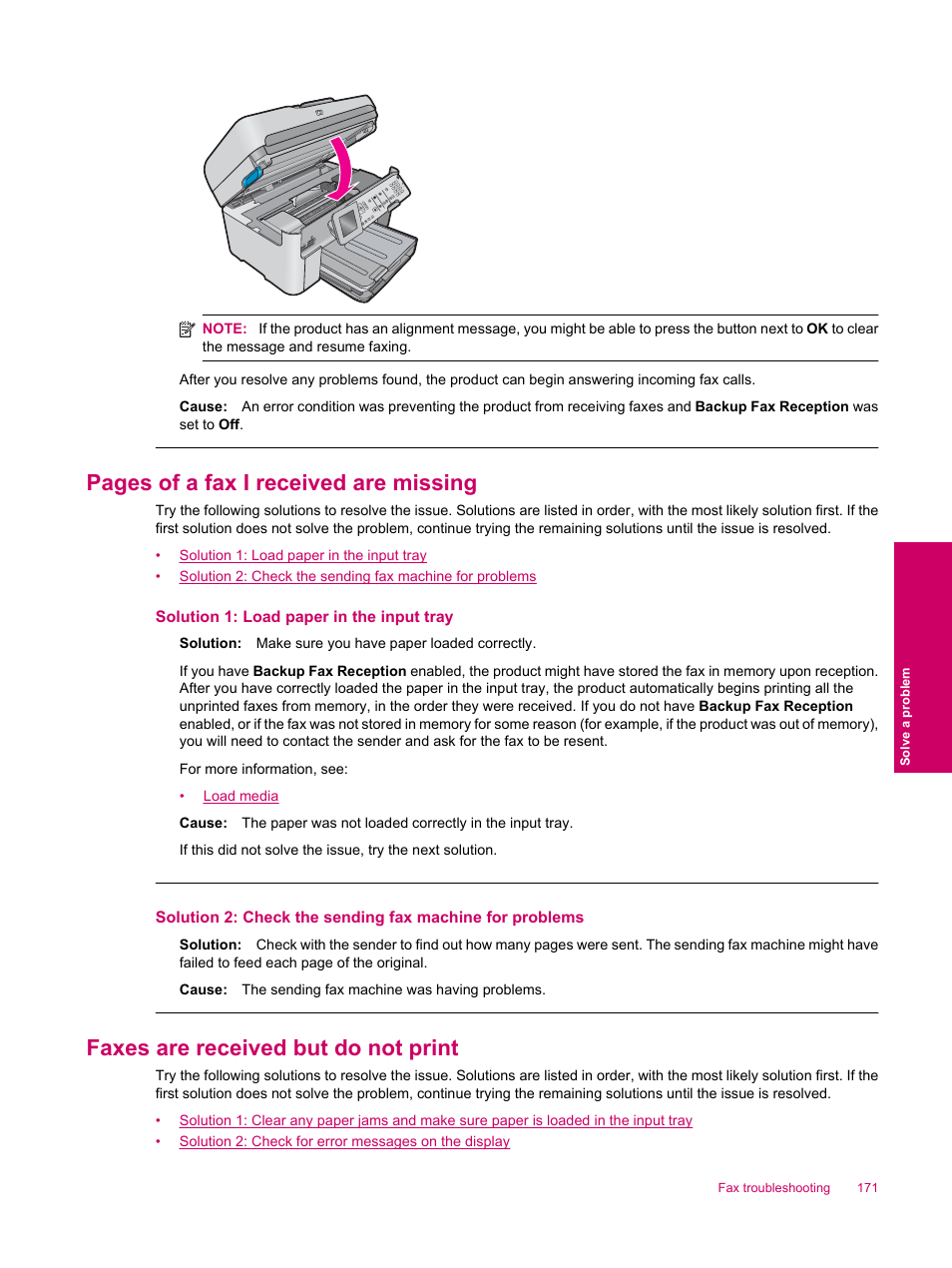 Faxes are received but do not print, Pages of a fax i received are missing | HP Photosmart Premium Fax C309 User Manual | Page 173 / 244