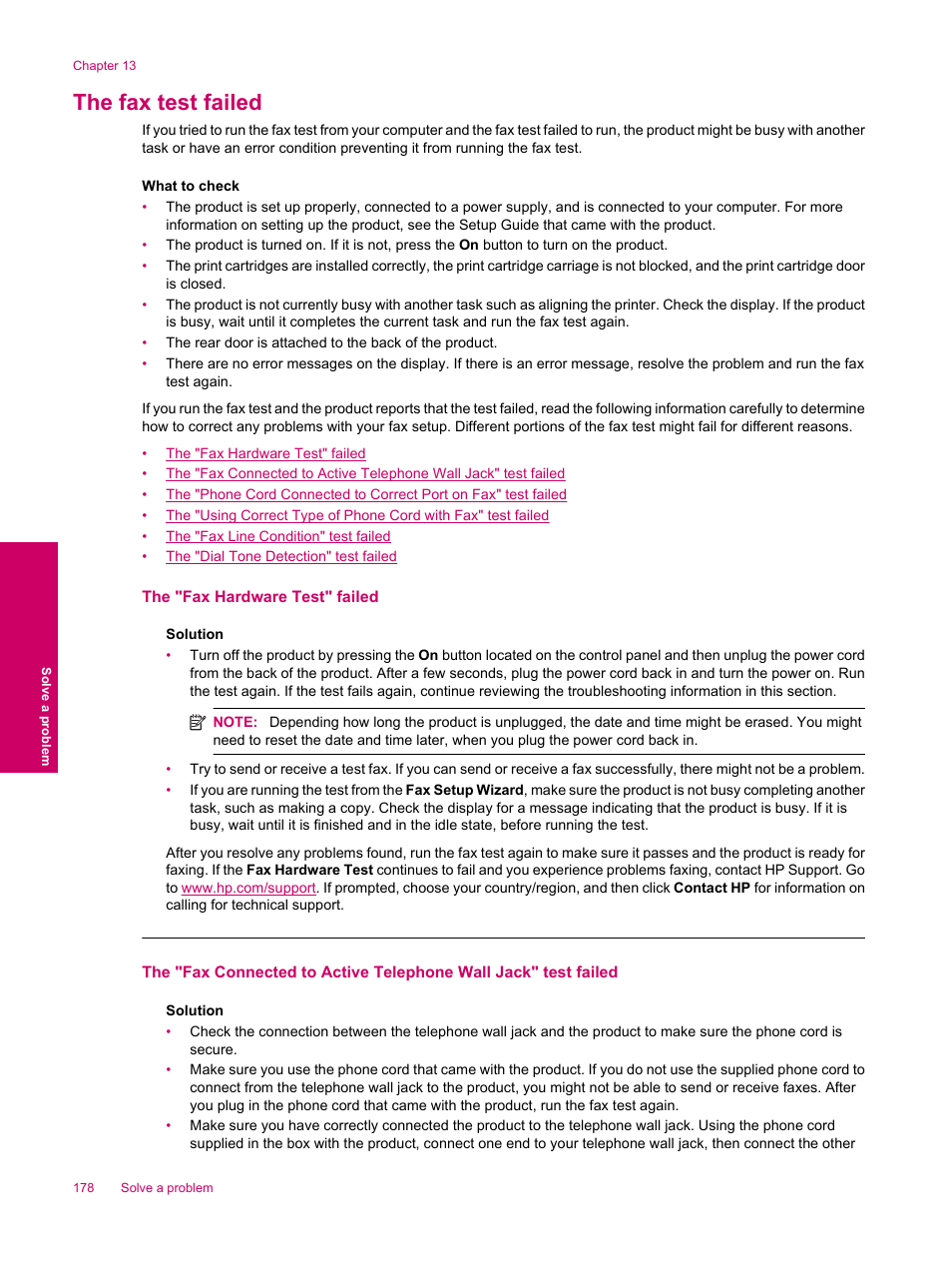 The fax test failed | HP Photosmart Premium Fax C309 User Manual | Page 180 / 244