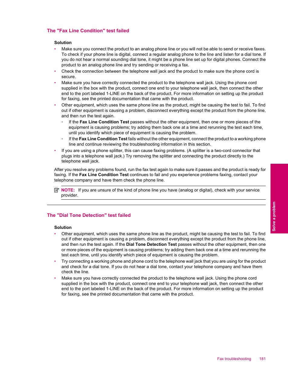 The "fax line condition" test failed, The "dial tone detection" test failed | HP Photosmart Premium Fax C309 User Manual | Page 183 / 244