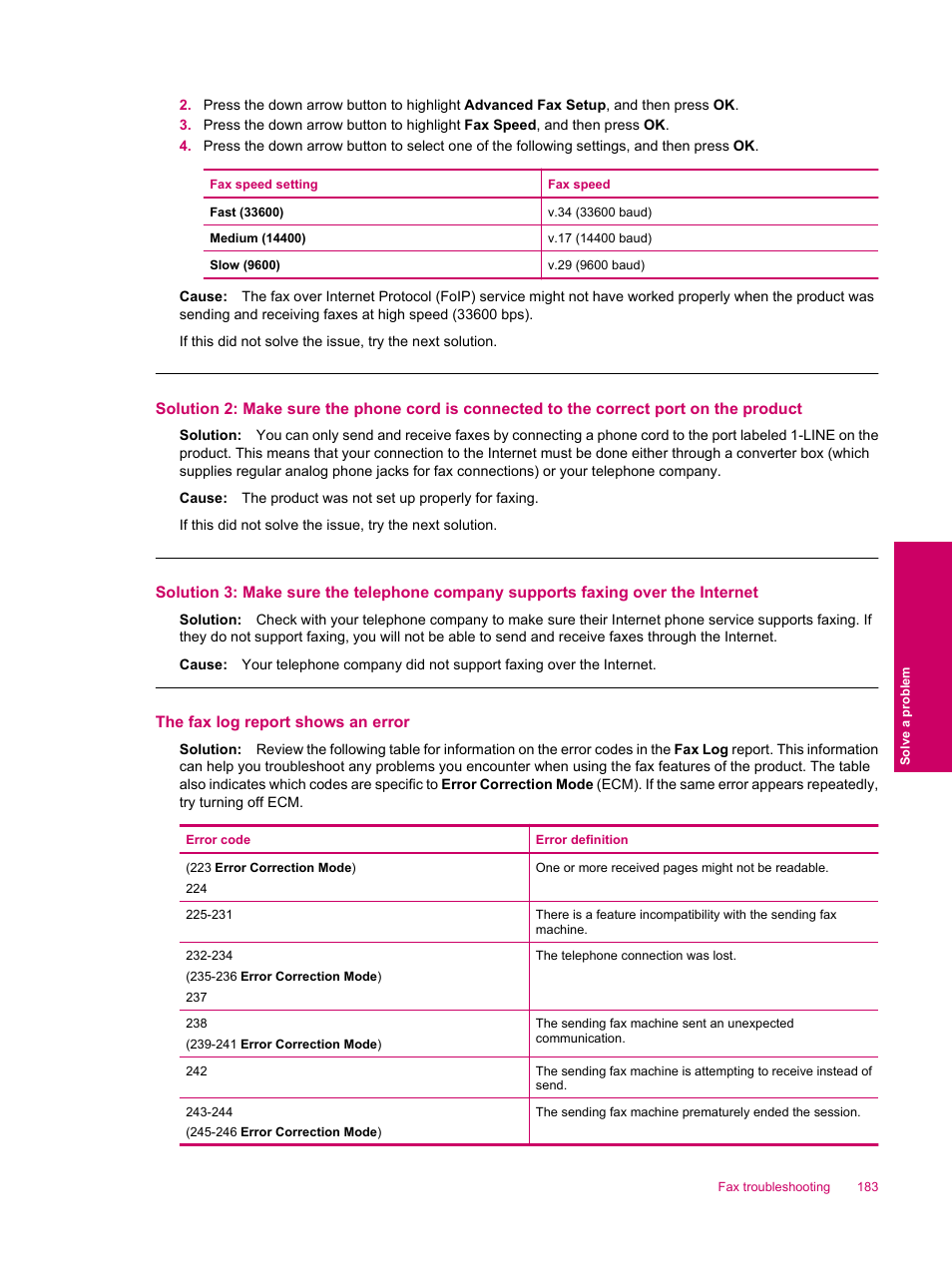 The fax log report shows an error | HP Photosmart Premium Fax C309 User Manual | Page 185 / 244