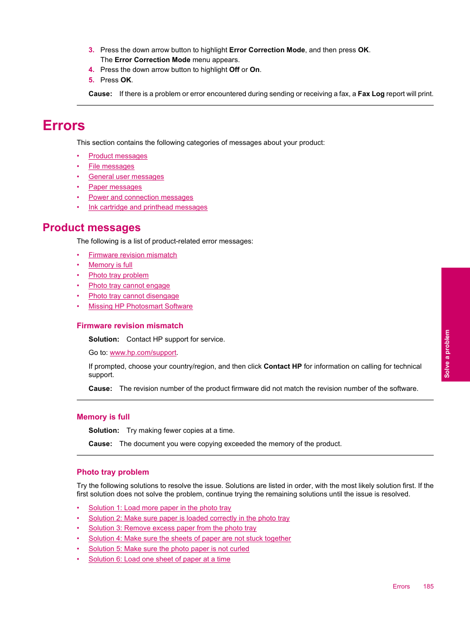 Errors, Product messages, Photo tray problem | HP Photosmart Premium Fax C309 User Manual | Page 187 / 244