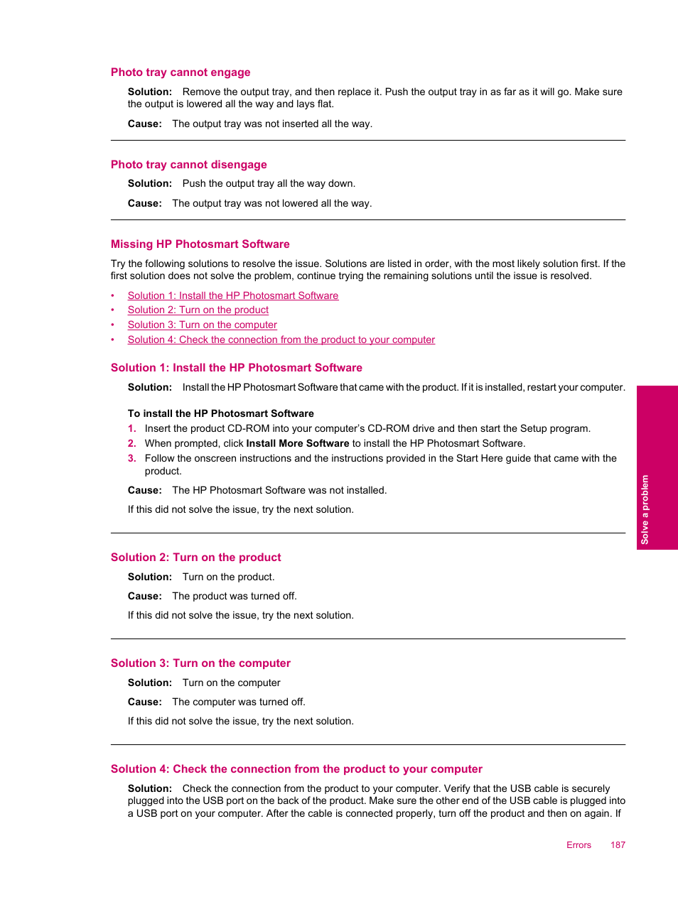 Missing hp photosmart software, Photo tray cannot engage, Photo tray cannot disengage | HP Photosmart Premium Fax C309 User Manual | Page 189 / 244