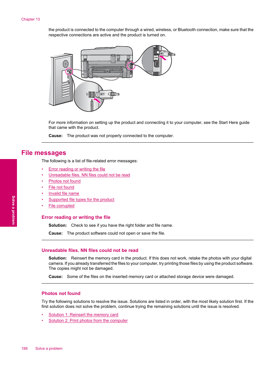 File messages, Photos not found | HP Photosmart Premium Fax C309 User Manual | Page 190 / 244