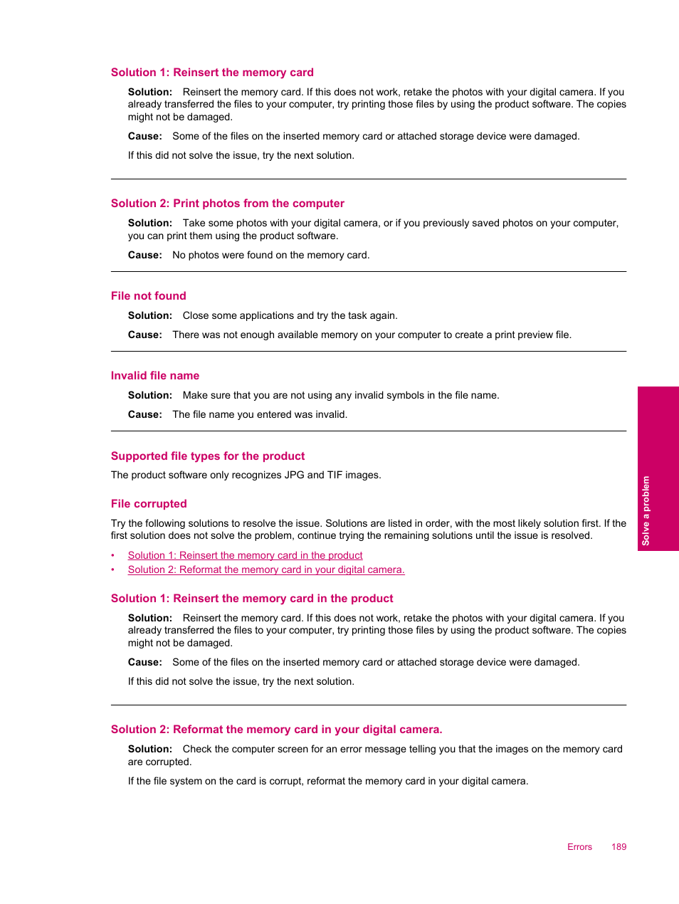 Supported file types for the product, File corrupted, File not found | Invalid file name, Solution 1: reinsert the memory card, Solution 2: print photos from the computer | HP Photosmart Premium Fax C309 User Manual | Page 191 / 244