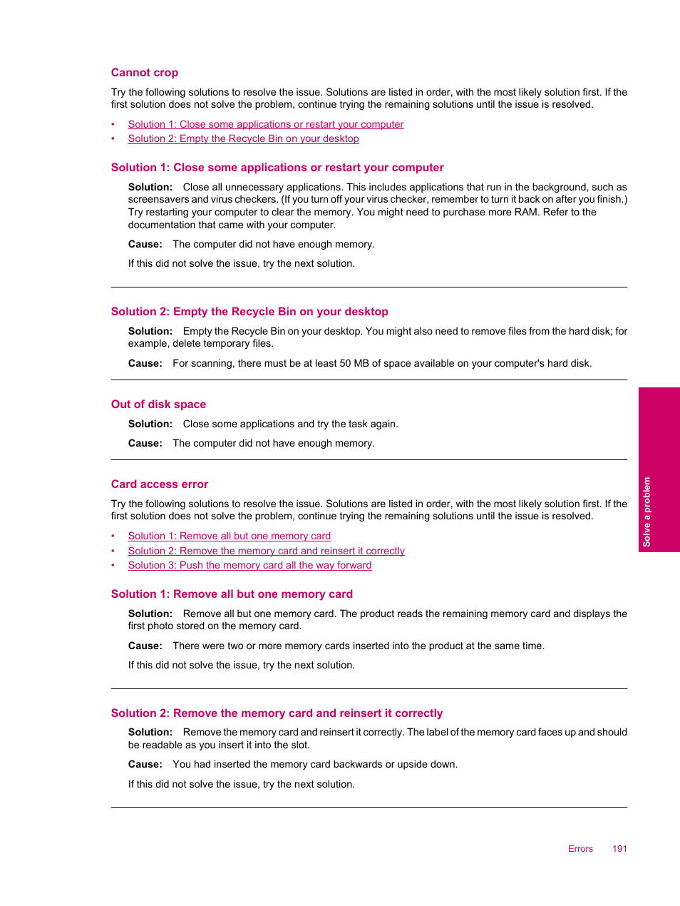 Cannot crop, Card access error, Out of disk space | HP Photosmart Premium Fax C309 User Manual | Page 193 / 244