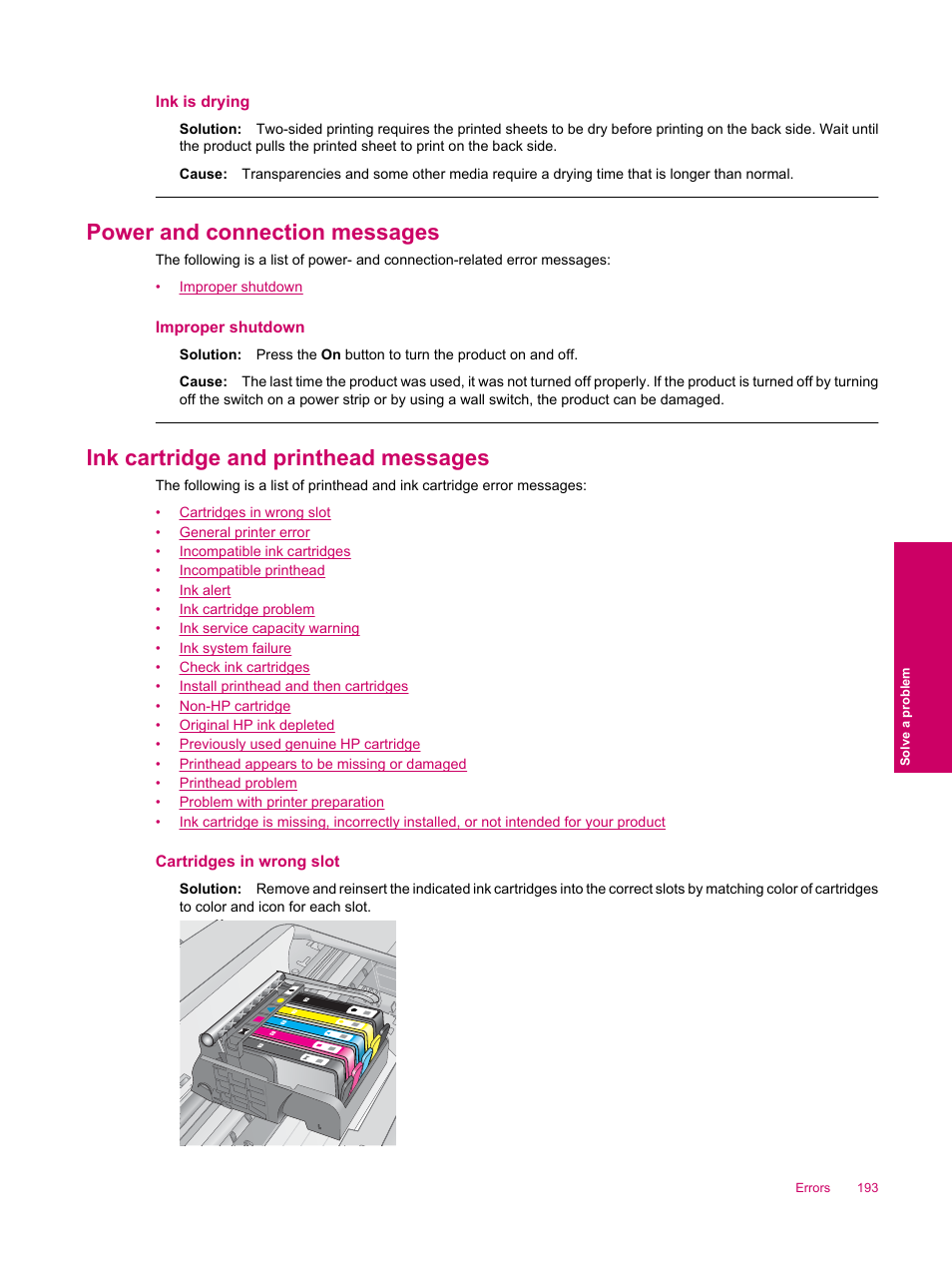 Power and connection messages, Ink cartridge and printhead messages | HP Photosmart Premium Fax C309 User Manual | Page 195 / 244