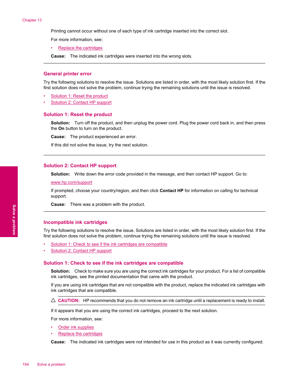 General printer error, Incompatible ink cartridges | HP Photosmart Premium Fax C309 User Manual | Page 196 / 244