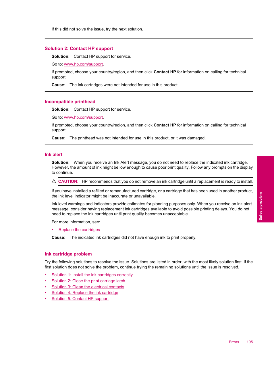 Ink cartridge problem, Incompatible printhead, Ink alert | Solution 2: contact hp support | HP Photosmart Premium Fax C309 User Manual | Page 197 / 244