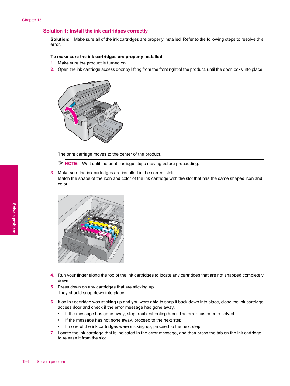 Solution 1: install the ink cartridges correctly | HP Photosmart Premium Fax C309 User Manual | Page 198 / 244