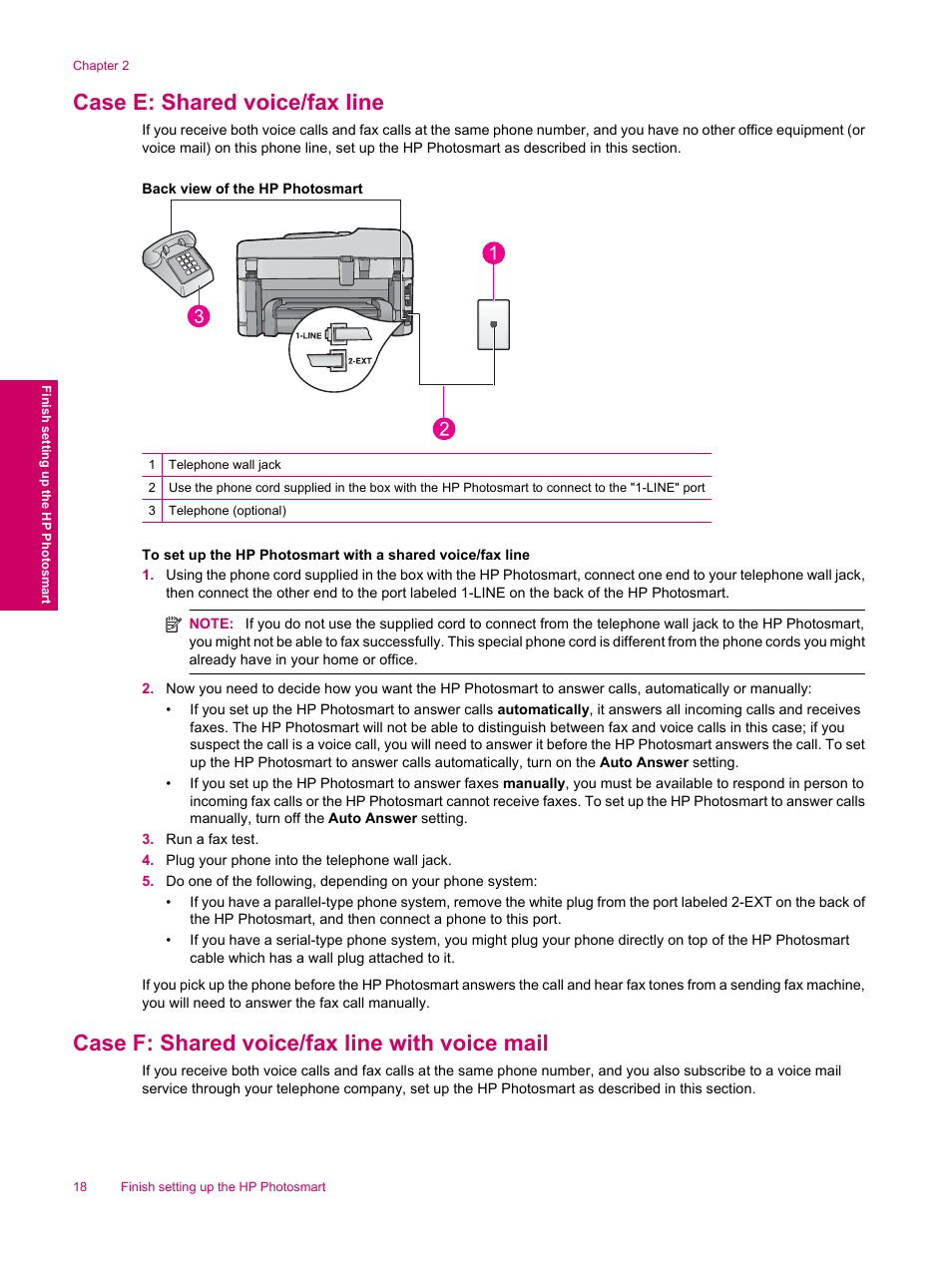 Case e: shared voice/fax line, Case f: shared voice/fax line with voice mail | HP Photosmart Premium Fax C309 User Manual | Page 20 / 244