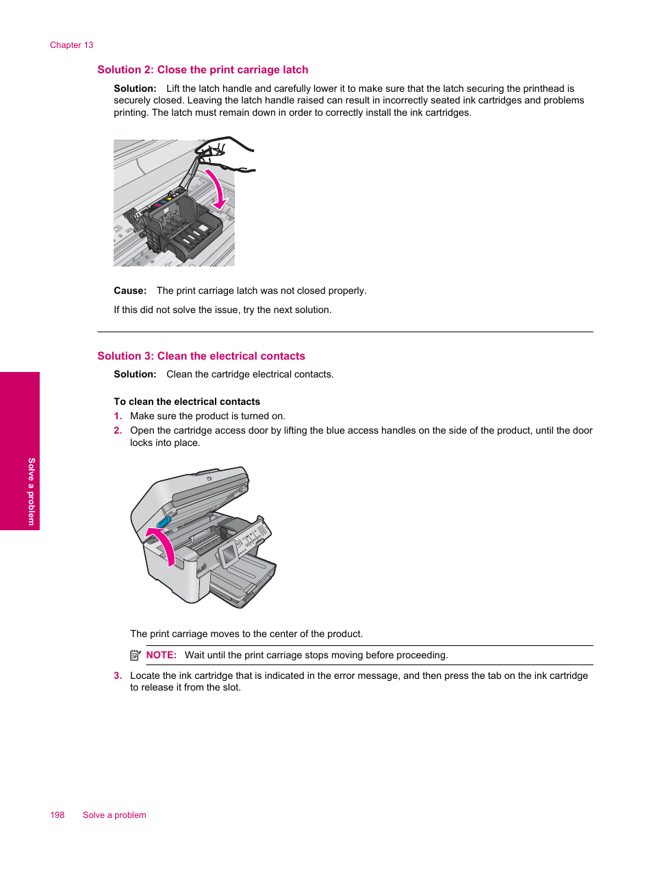 Solution 2: close the print carriage latch, Solution 3: clean the electrical contacts | HP Photosmart Premium Fax C309 User Manual | Page 200 / 244