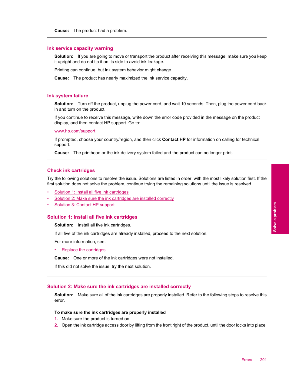 Check ink cartridges, Ink service capacity warning, Ink system failure | HP Photosmart Premium Fax C309 User Manual | Page 203 / 244