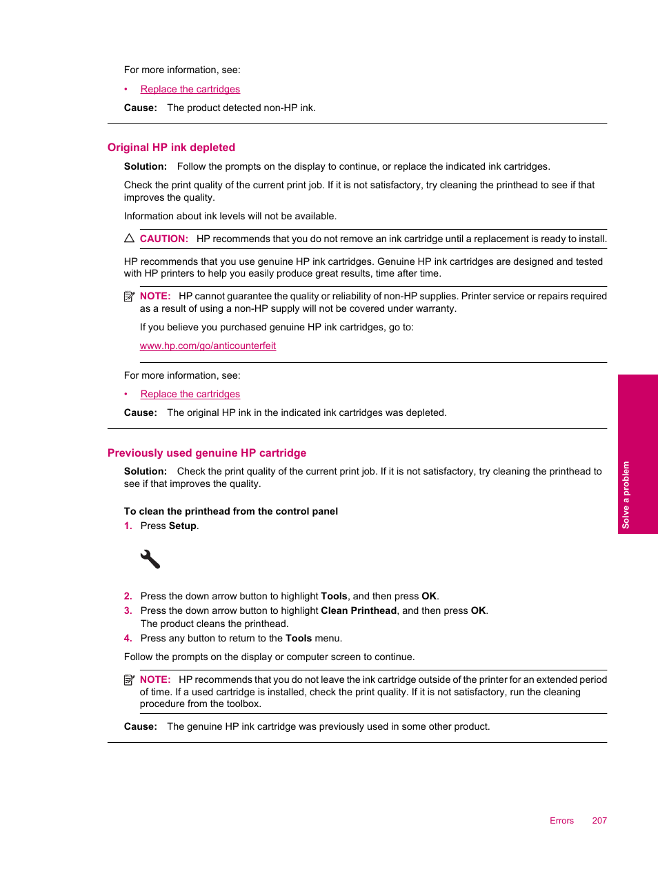 Original hp ink depleted, Previously used genuine hp cartridge | HP Photosmart Premium Fax C309 User Manual | Page 209 / 244