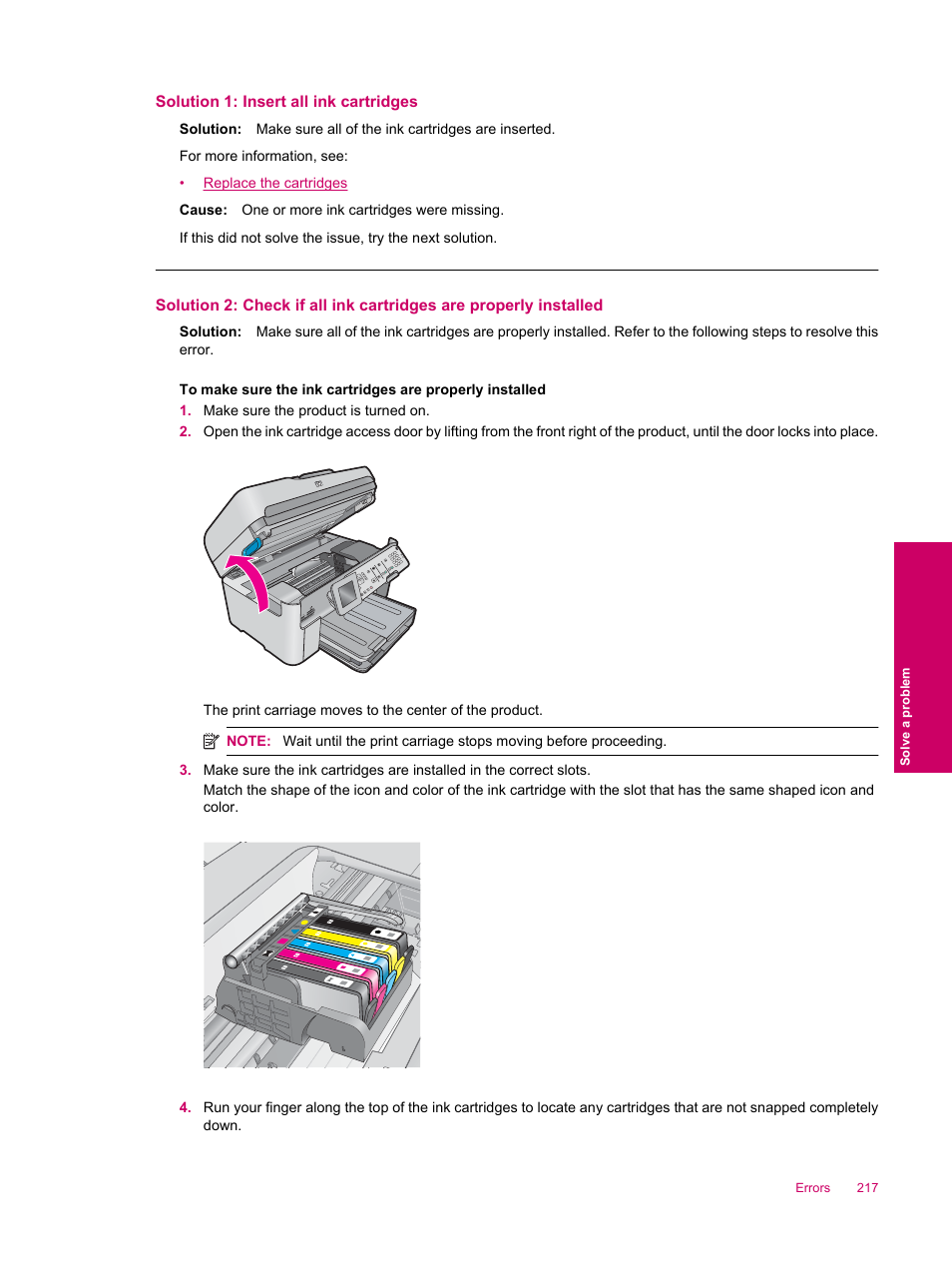 Solution 1: insert all ink cartridges | HP Photosmart Premium Fax C309 User Manual | Page 219 / 244