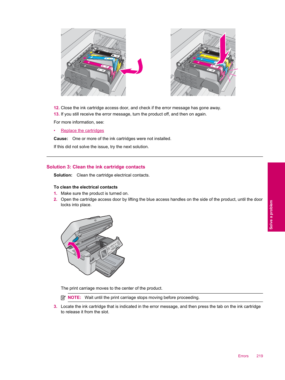 Solution 3: clean the ink cartridge contacts | HP Photosmart Premium Fax C309 User Manual | Page 221 / 244