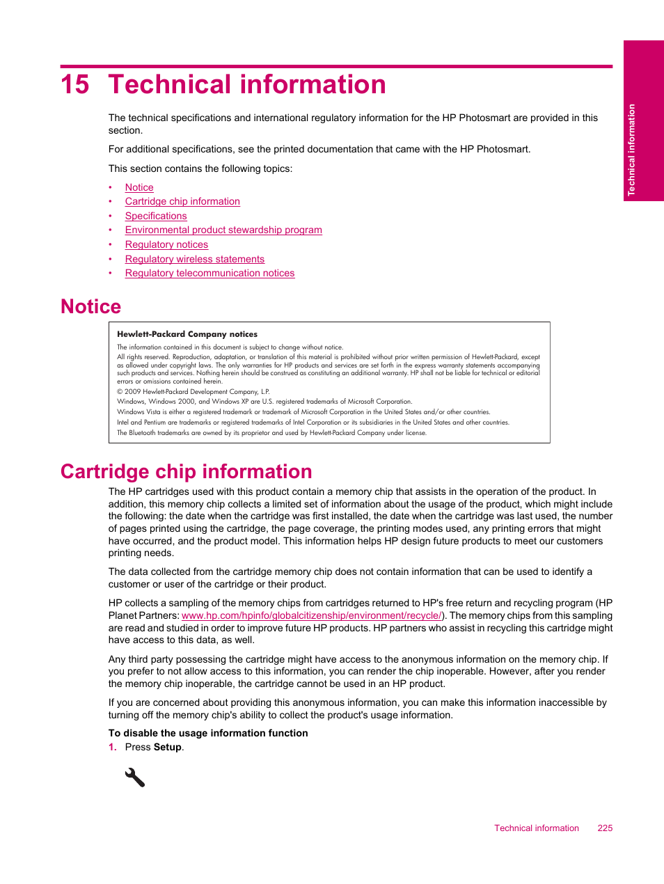 Technical information, Notice, Cartridge chip information | 15 technical information, Notice cartridge chip information | HP Photosmart Premium Fax C309 User Manual | Page 227 / 244