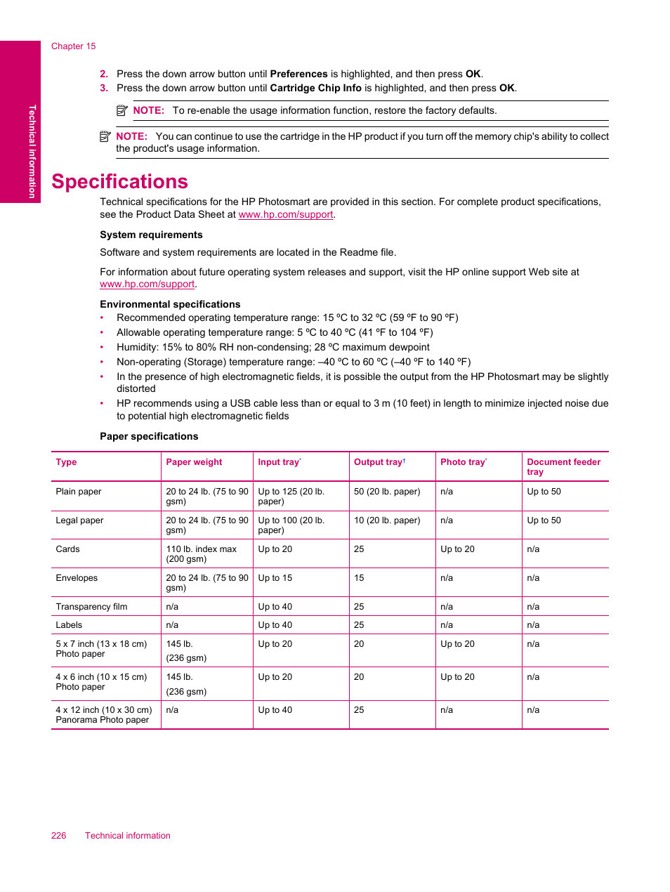 Specifications | HP Photosmart Premium Fax C309 User Manual | Page 228 / 244