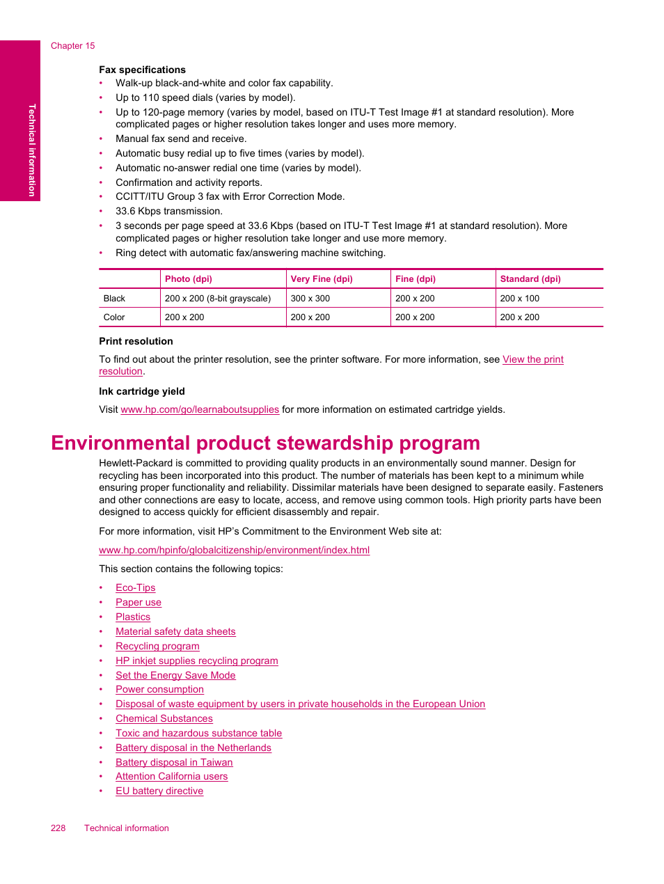 Environmental product stewardship program | HP Photosmart Premium Fax C309 User Manual | Page 230 / 244