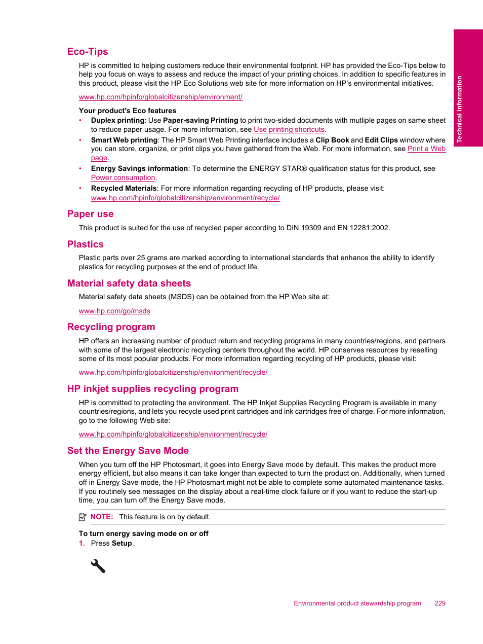 Eco-tips, Paper use, Plastics | Material safety data sheets, Recycling program, Hp inkjet supplies recycling program, Set the energy save mode | HP Photosmart Premium Fax C309 User Manual | Page 231 / 244